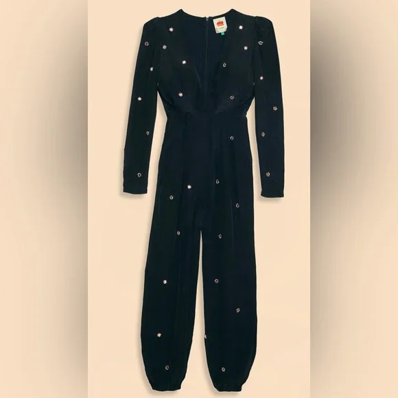 NWT Farm Rio Black Jumpsuit Mirror Embroidered Beaded Details Long Sleeve Large